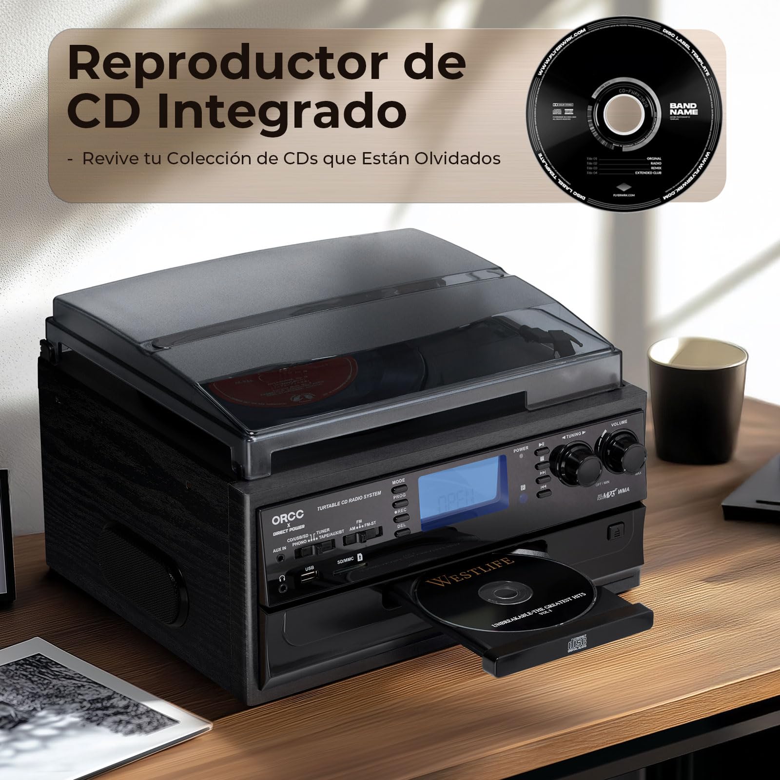 ORCC Tocadiscos Moden 10 en 1, con Tarjeta de Regalo, Tocadiscos de Vinilo para 33/45/78 RPM, reproducción y grabación de CD/USB/SD, Bluetooth y Control Remoto, Radio FM/Am para Amantes de la música