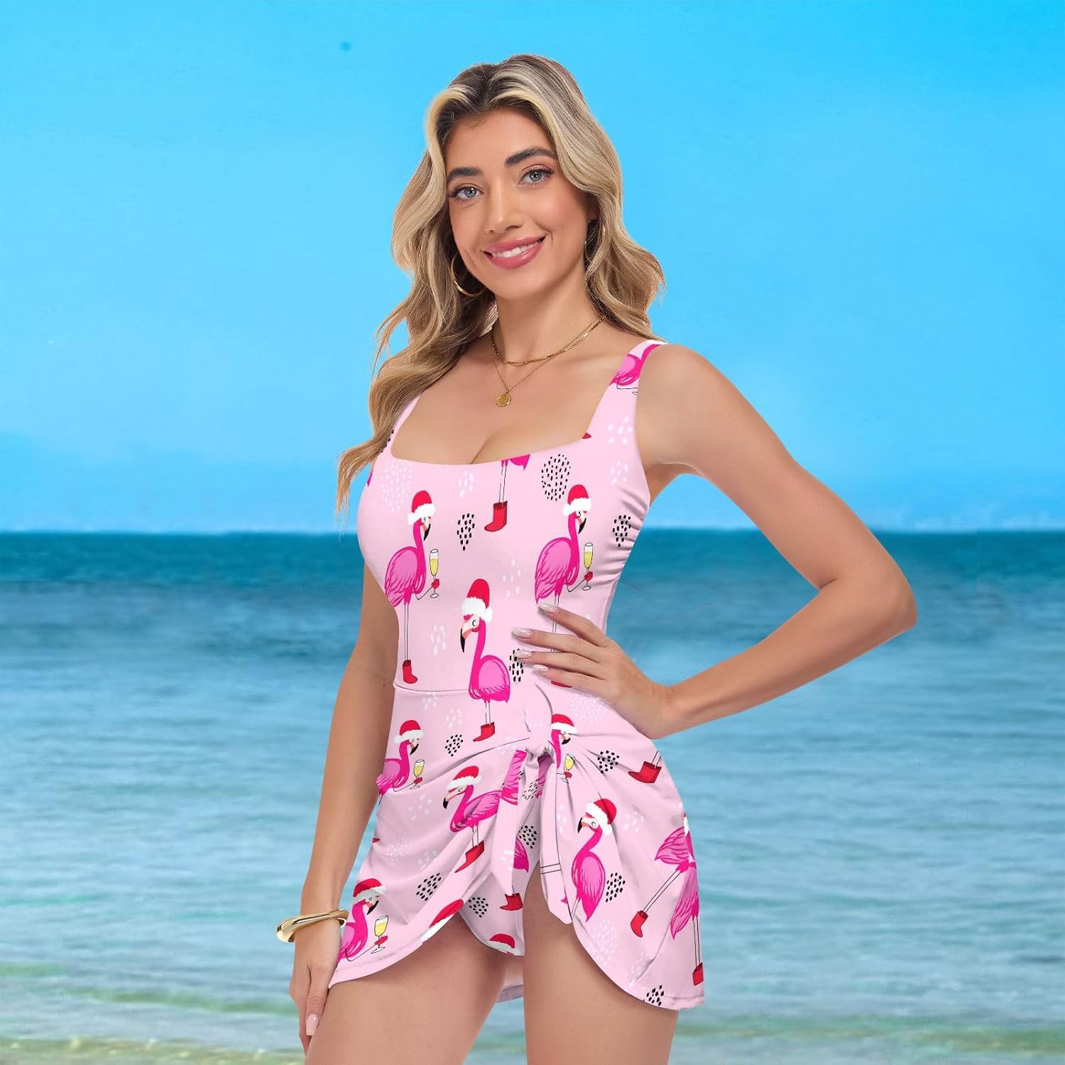 Christmas Flamingo Women's One Piece Swimsuits Tummy Control Bathing Suits S A2308258