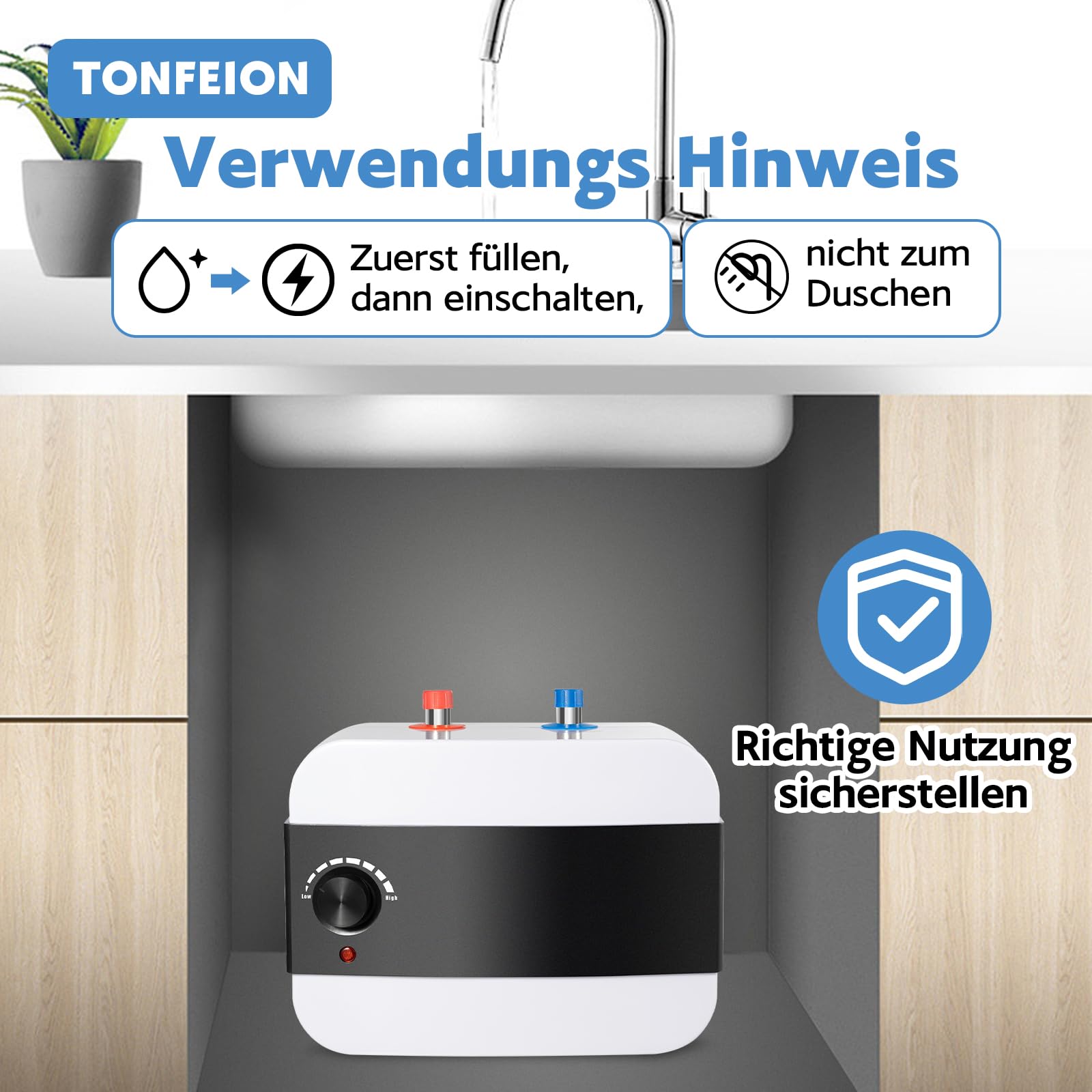 Untertischboiler 6 Liter Niederdruck, Warmwasserspeicher Warmwasserboiler elektrischer Durchlauferhitzer Mini-Wassertank, Untertischmontage, 1,5KW, Weiß