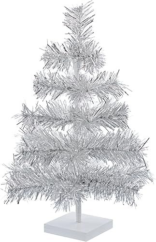Árbol de Navidad de mesa pequeño de 18 pulgadas, ramas de plumas de oropel artificial clásico para interiores y exteriores, soporte de base de
