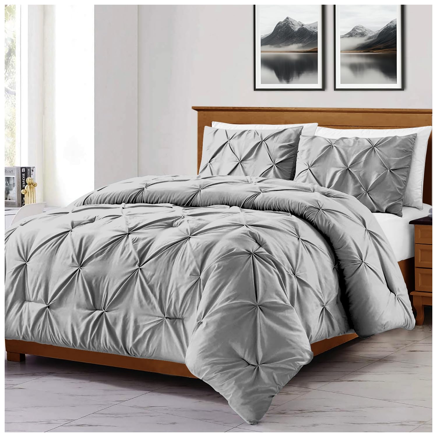 GC GAVENO CAVAILIA Diamond Superking Size Duvet Cover Sets | Pleated Quilt Covers Bedset With Matching Pillowcases | Polycotton Pintuck Bed Linen Set | Silver