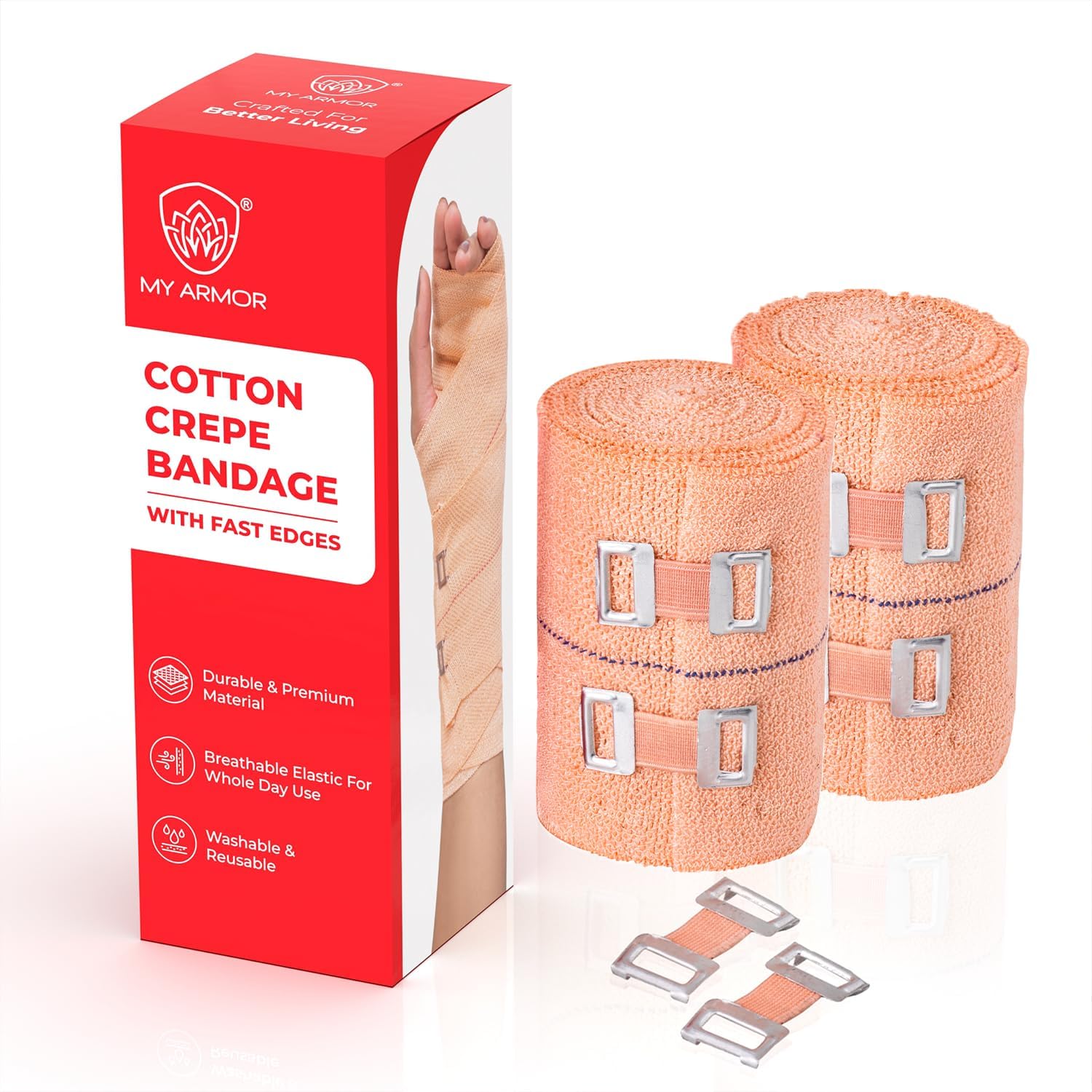 MY ARMOR Cotton Crepe Bandage for Leg & Wrist Pain - 8cm X 4mt along with 2 Extra Clips - Pack of 2