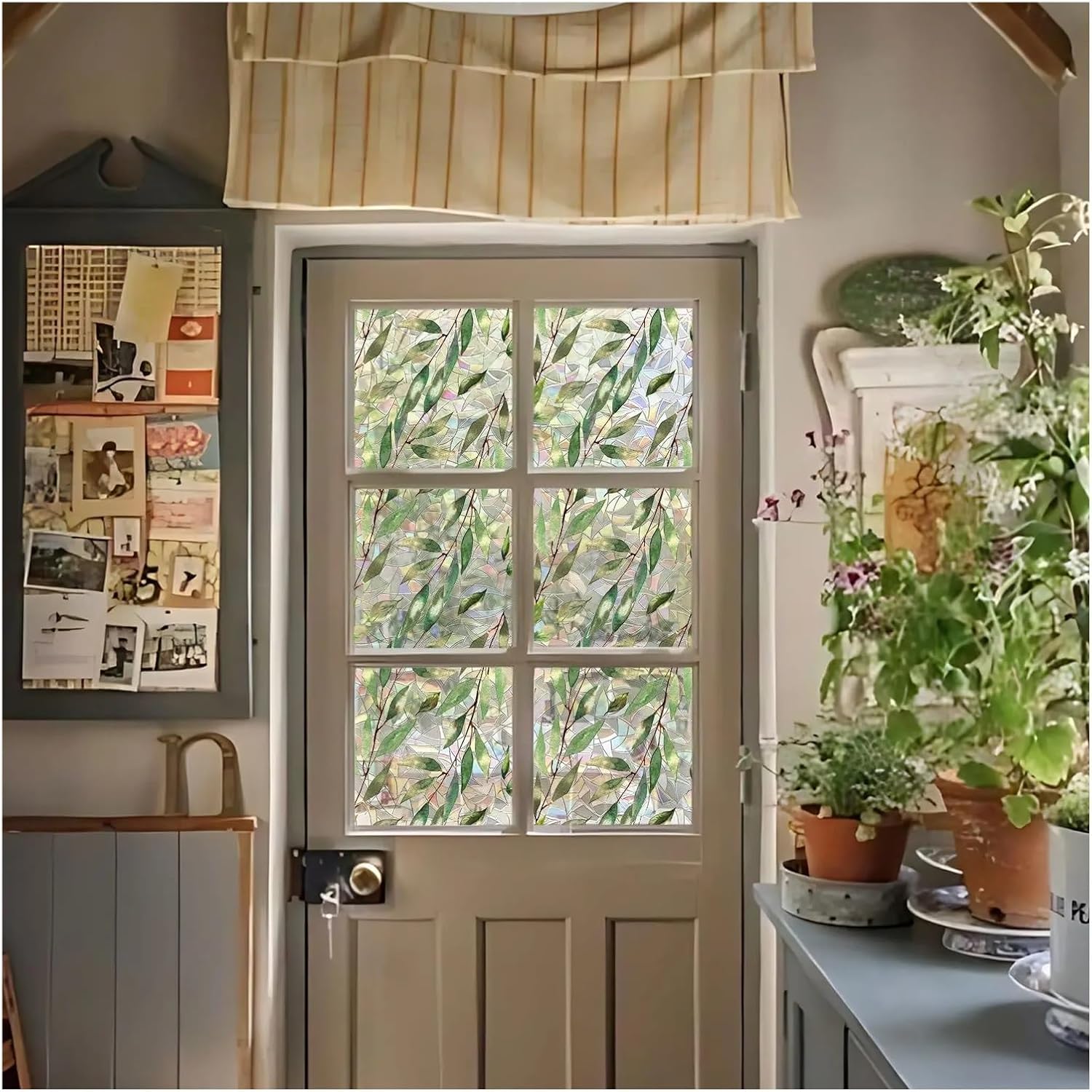 Leaf Window Privacy Film Rainbow Clings 3D Decorative Vinyl Stained Glass Free Static Adsorption PVC Decals for Room(Color7,43x200cmx2rolls)