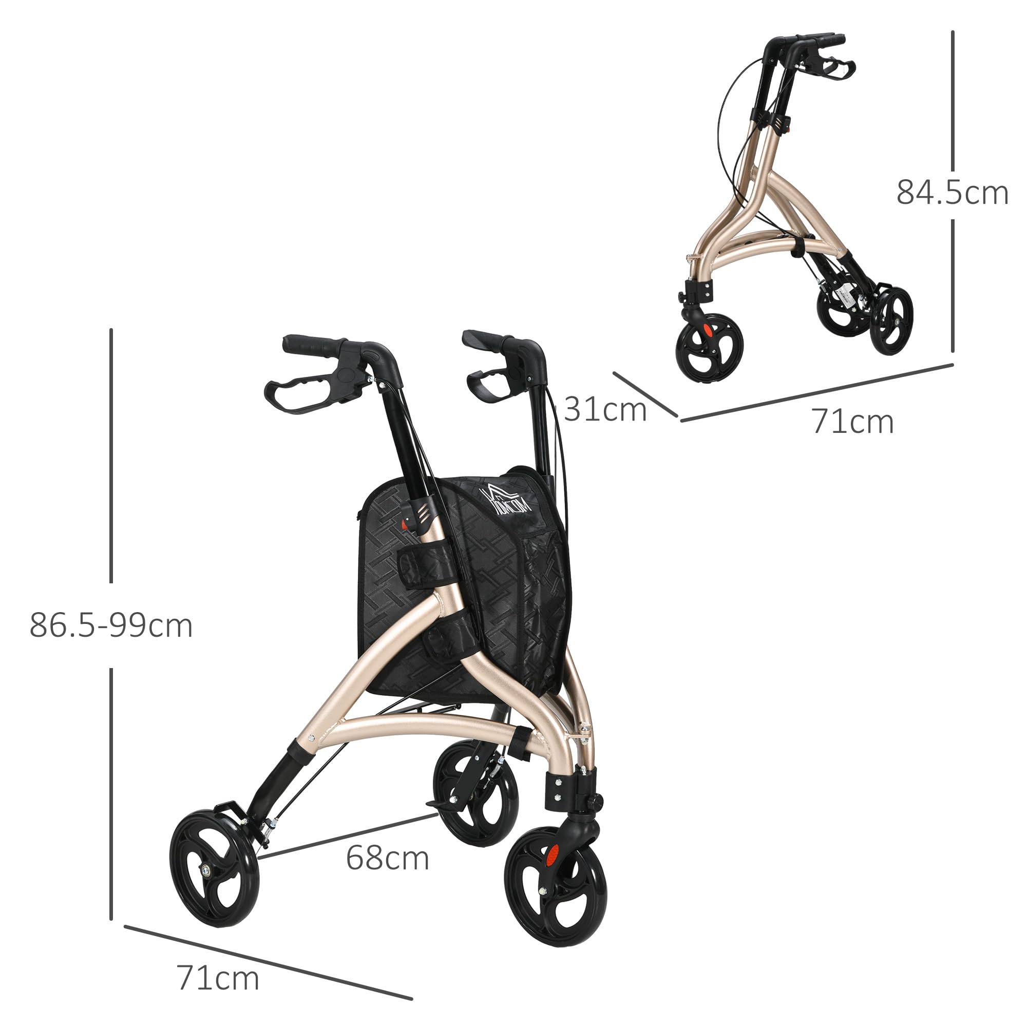 HOMCOM Rollator trójkołowy aluminiowy składany z regulowanym uchwytem i torbą
