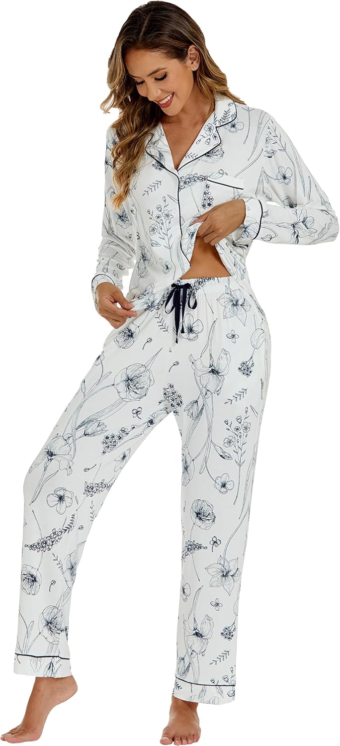 LUBOT 100% Cotton Pajamas for Women PJ Set Soft Button-Down 2 Piece Set Knitted Long Sleeve Sleepwear Loungewear XS-XXL