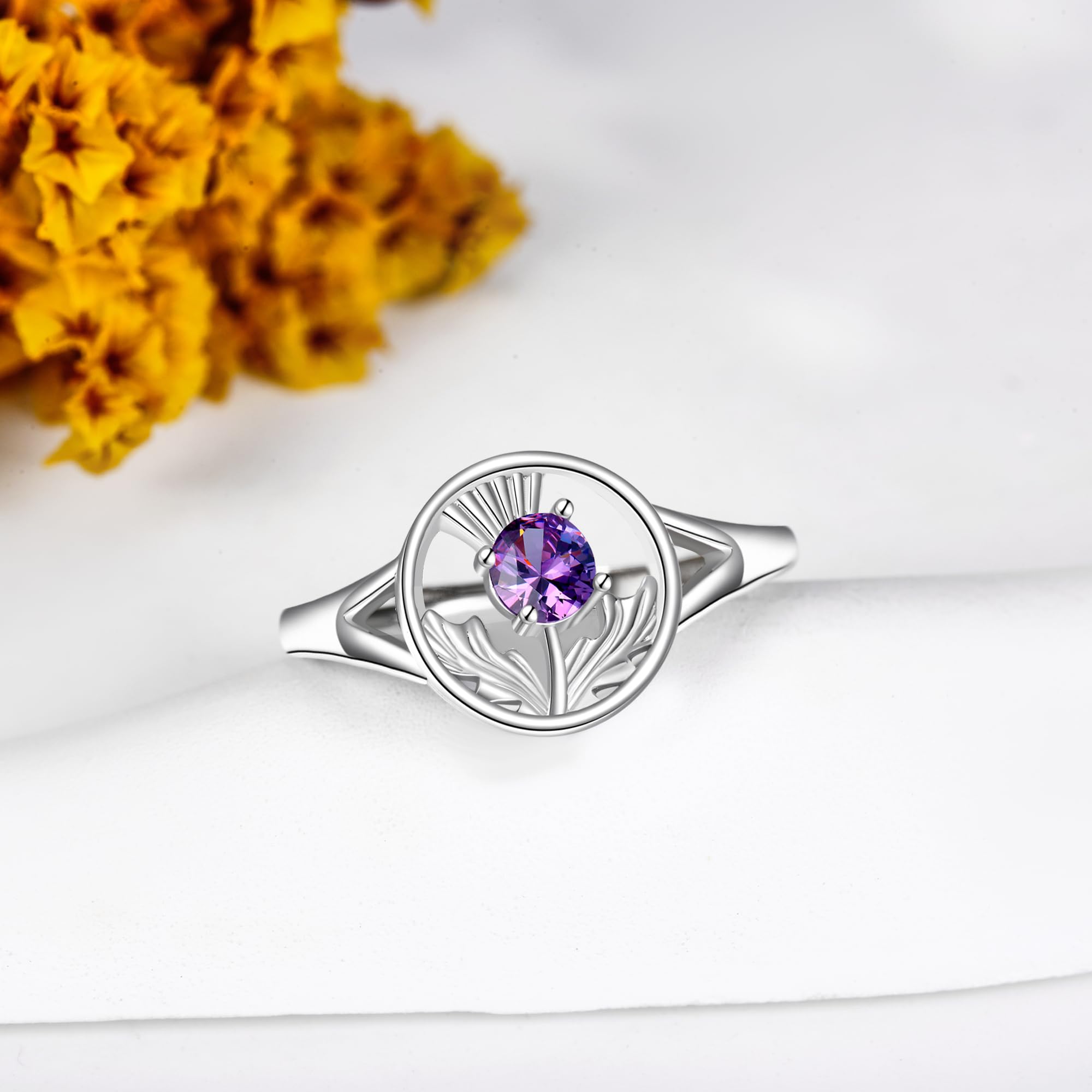 DAYLINLOVE Schottische Distel Ringe 925 Sterling Silber Verstellbarer Amethyst Schottischer Ring Schottischer Schmuck Schottland Geschenke für Damen Frauen Mädchen
