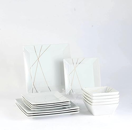 DOMINI Juego de vajilla de cerámica de 12 piezas, servicio para 4, vajilla de porcelana cuadrada con platos llanos, platos de postre y cuencos para
