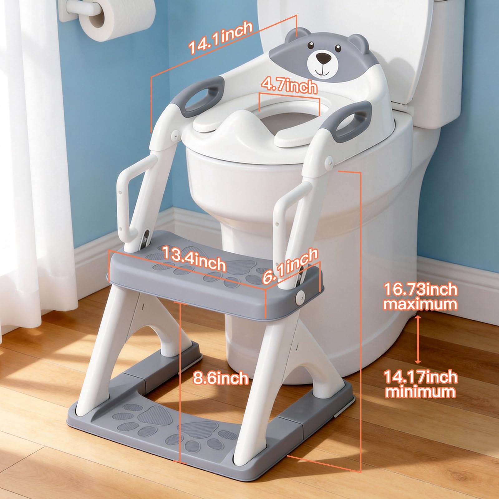 SKYROKU 8899Pro - Sedile WC per bambini, ragazzi e ragazze, 2 in 1, con paraspruzzi, antiscivolo, più sicuro e comodo (8899Pro, grigio)