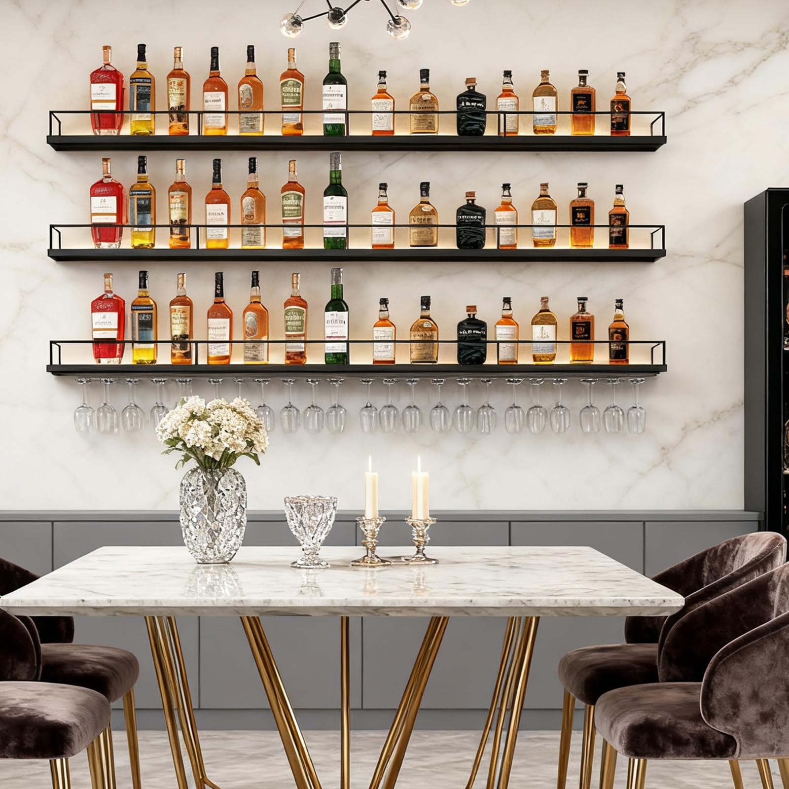 160CM Botellero de Pared Industrial Luz LED, 3 Niveles Moderno Botellero de Metal con portavasos de, Multifuncional Estante para Vino Apto para Cocina, Bar, Cafetería y decoración (Negro)