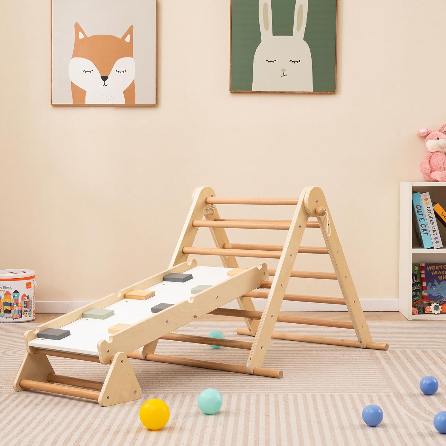 Costzon 3 in 1 Triangle Climbing Set, Kids Montessori Climbing Toys with Dual Side Ramp, Adjustable Climbing Triangle, Foldable Wooden Climber Jungle Gym for Toddlers Boys Girls 3+ Years Old