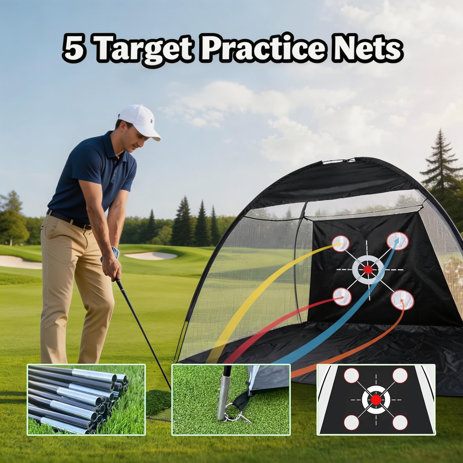 Multifunktionales Golfballnetz 300×180×240cm, Golf Trainingshilfen mit 3-Zonen Matte & 10 Bällen, Tragbar für Indoor & Outdoor, Minigolf für Zuhause,Golf Netz
