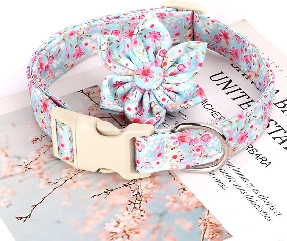 Beirui Cute Spring Dog Collar with Flower, Lightweight Soft Girl Dog Collar for Female Male Dogs, Adjustable Floral Pet Collar for Small Medium Large Dogs(Pink Blue Flower,S:10-16)