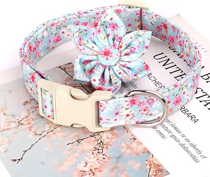 Beirui Cute Spring Dog Collar with Flower, Lightweight Soft Girl Dog Collar for Female Male Dogs, Adjustable Floral Pet Collar for Small Medium Large Dogs(Pink Blue Flower,S:10-16)