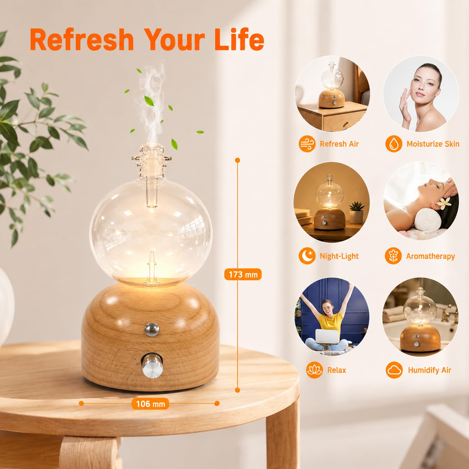 Diffusore di Oli Essenziali, Nebulizzatore Senza Acqua per Aromaterapia in Vetro e Legno Massello Diffusore Ambiente Elettrico Senza Fili per Casa Viaggi Yoga