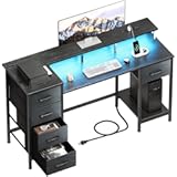 47 Inch Computer Gaming Desk with Power Outlets & LED Lights Reversible Home Office Desk with Adjustable 5 Fabric Storage Drawers for Working Writing Study&comma; Black