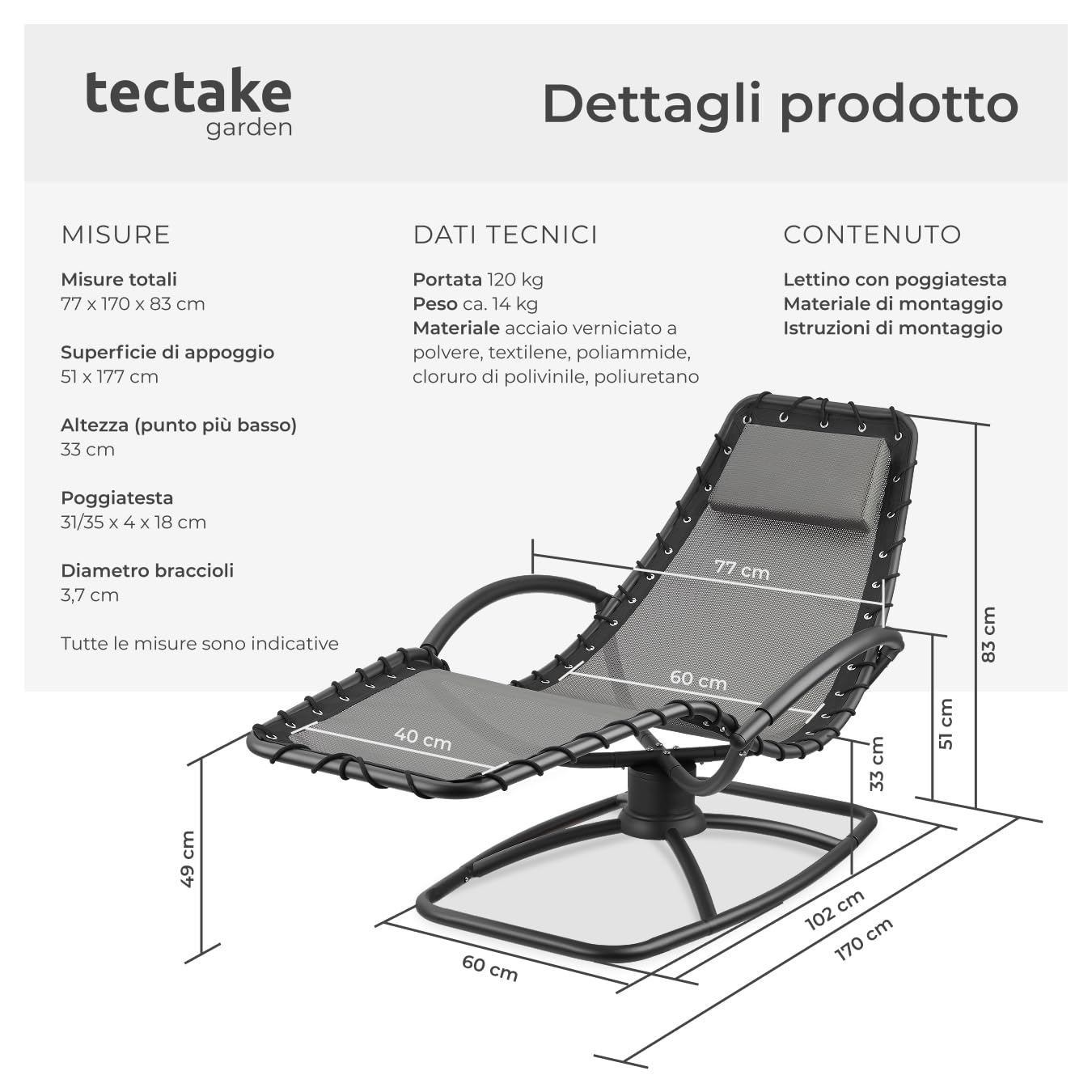 tectake® lettino prendisole ergonomico da giardino, sedia a sdraio reclinabile, poltrona a dondolo da esterno, lettino relax con poggiatesta, textilene traspirante, terrazzo, balcone - Grigio