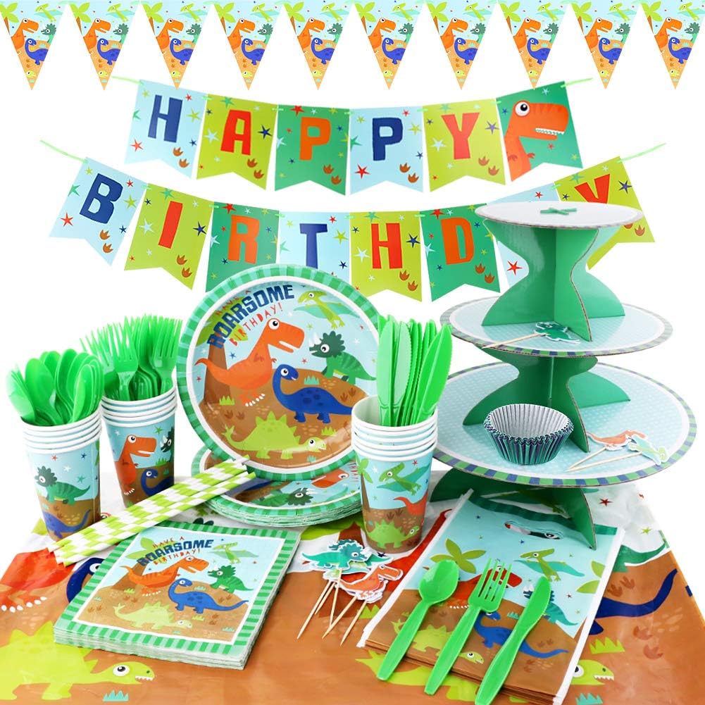 164Pieces Dinosaur Party Supplies Set Serves 16 for Kids Birthday Theme Party Baby Shower School Party Daily Dinner