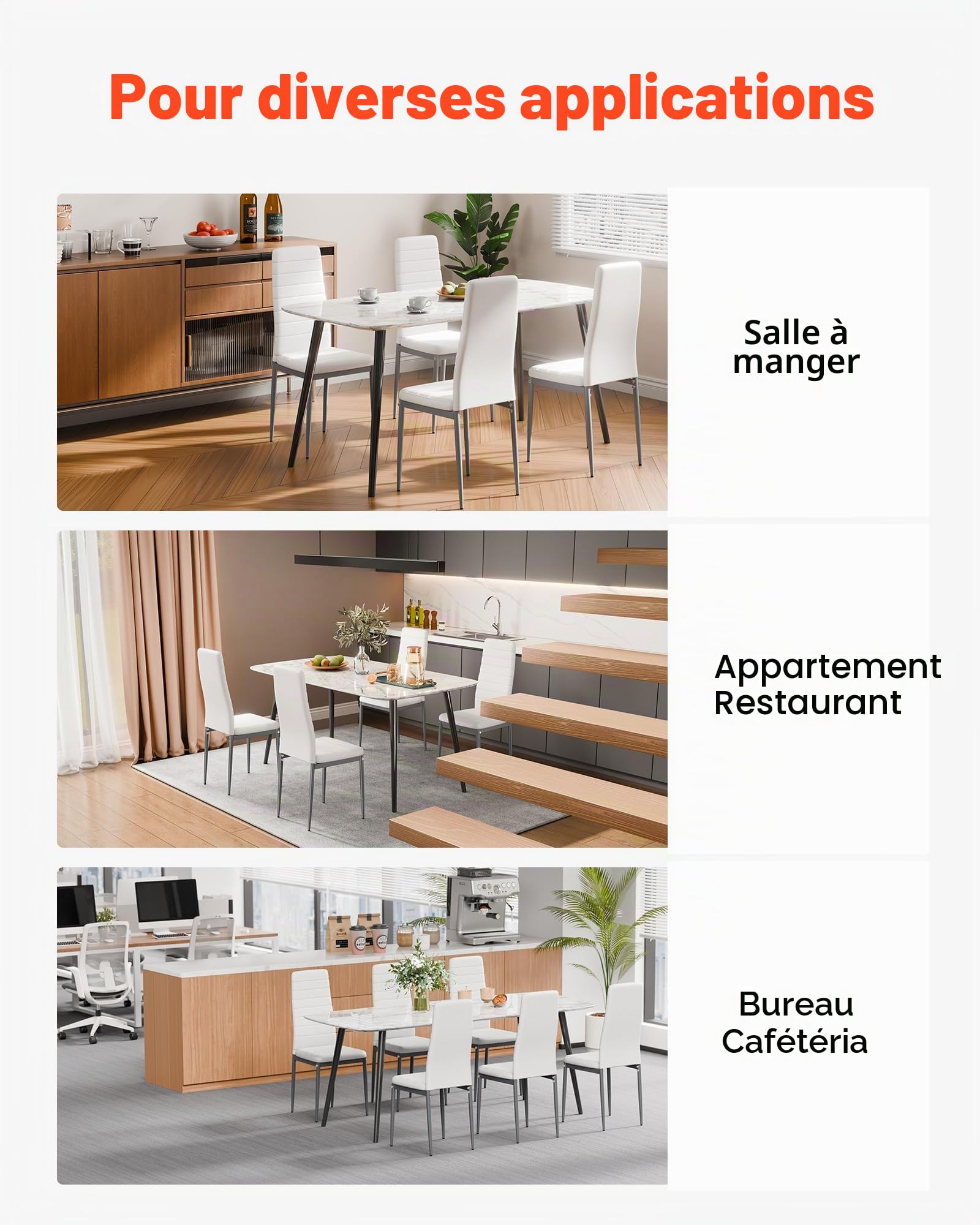 VEVOR Chaises Salle à Manger Modernes, Ensemble Chaises de Cuisine en Cuir 4 Pièces, avec Dossier, Coussins Épais et Pieds en Métal, Meuble d’Appoint Peu Encombrant, pour Table à Manger, Blanc