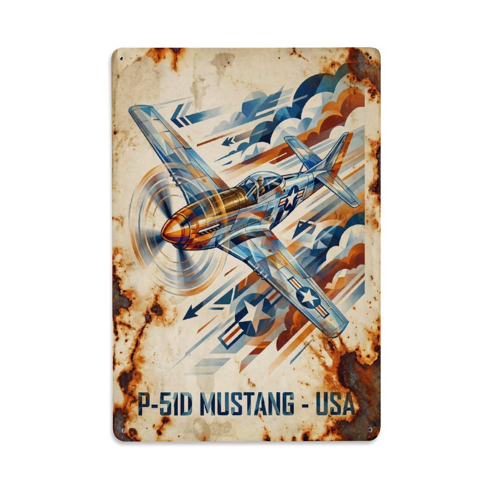 P-51D Mustang Constructivist Fighter Aircraft Metal Tin Sign Plaque Wall Decor for Cafe, Man Cave, Club Bar, Office, Home Garden Round Metal Poster 8x12Inch