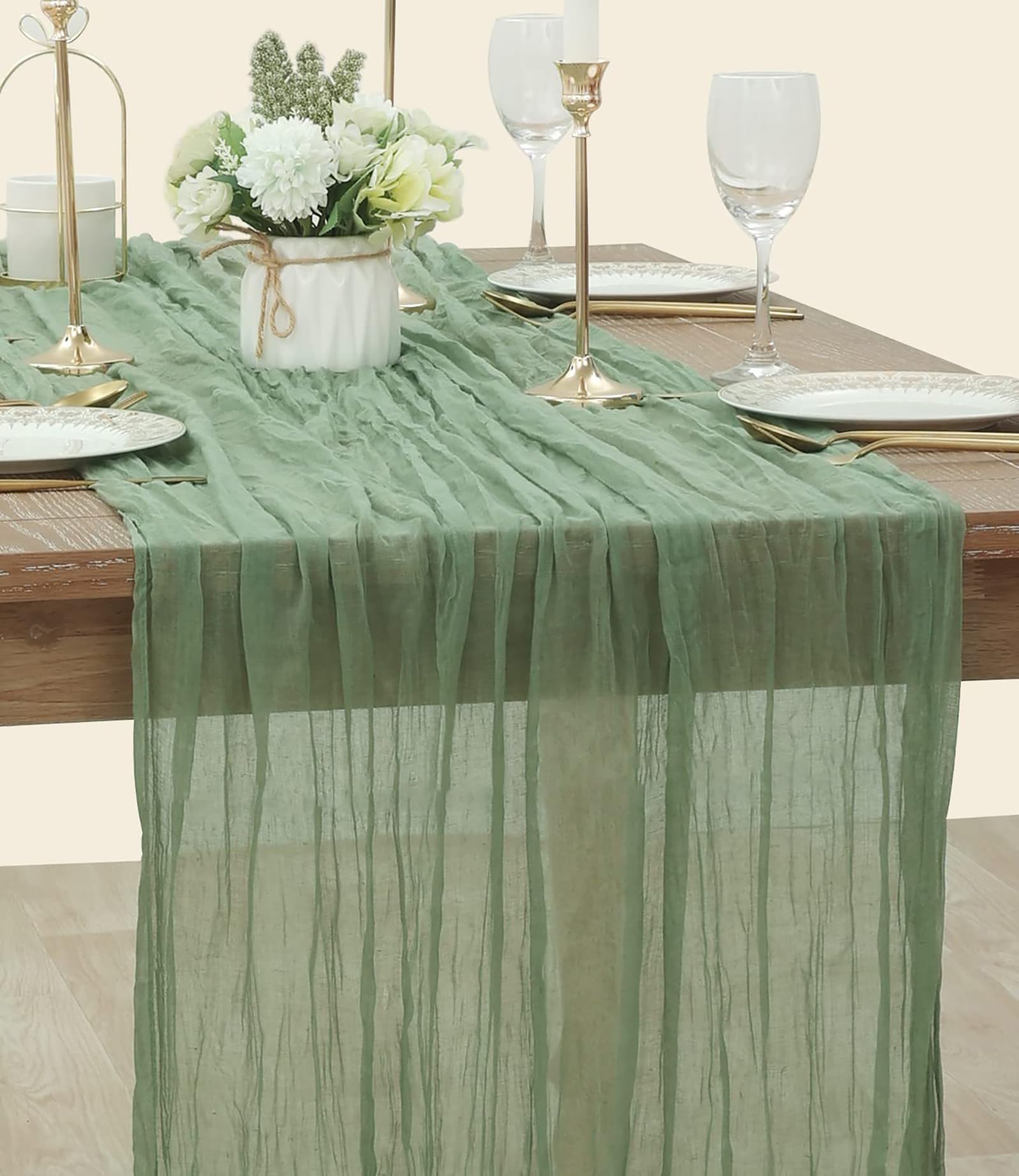 10 Stück Seihtuch-Tischläufer, Tischläufer Salbeigrün Boho, Seihtuch-Tischläufer Salbeigrün, Gaze-Tischläufer Tischdecke Tischdeko, für Hochzeit Vintage, Geburtstag, 90 x 300 cm