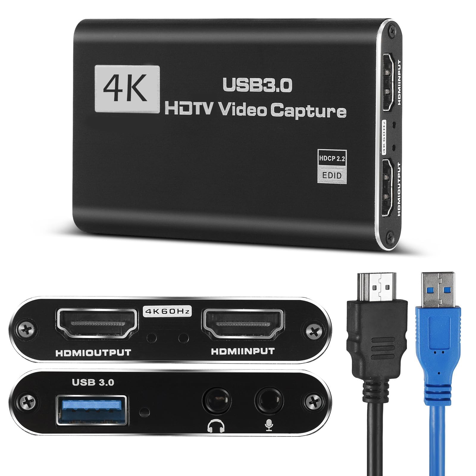 Tarjeta de captura de video HD 4K, Plug & Play, USB 3.0, no necesita controlador | Tarjeta de captura de juegos con micrófono para PC/Mac, 1080P 60FPS para Nintendo Switch, PS5, PS4, Xbox, transmisión OBS