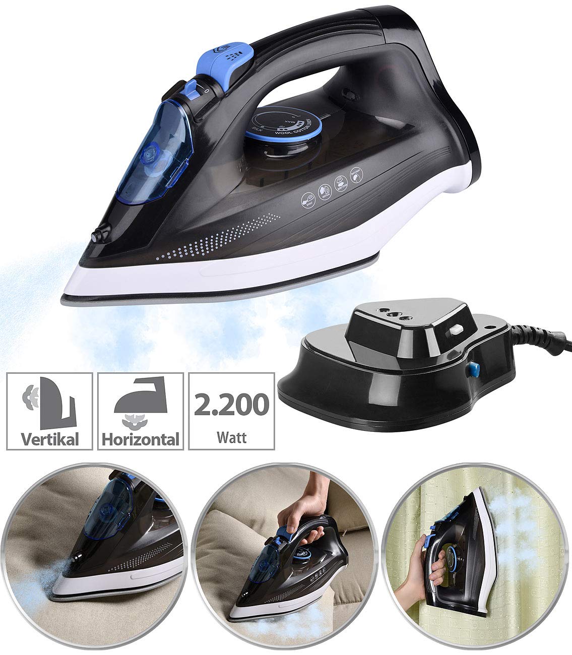 Sichler Haushaltsgeräte ferro da stiro a vapore 2 in 1 senza fili con base 2200 W nero