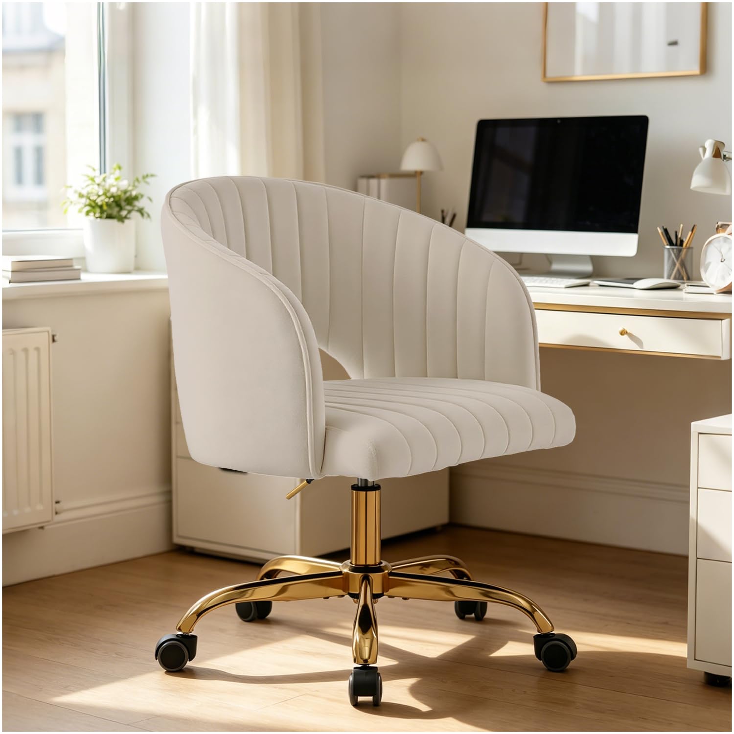 Homeoffice Stuhl, Drehbar Bürostuhl Ergonomisch, Schreibtischstuhl Höhenverstellbar, Schminktisch Stuhl, Samt Drehstuhl Hochlehner, für Arbeitszimmer, Schlafzimmer(Cremefarben-Samt)