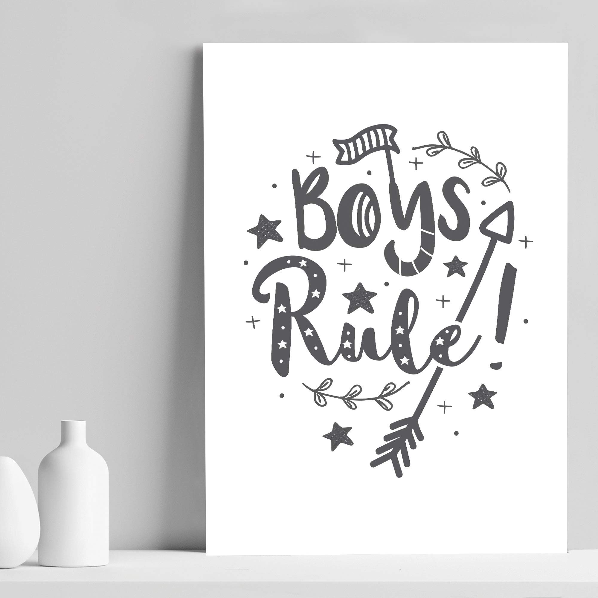 RED OCEAN Cute Bedroom Print Bedroom Wall Art Decor Grey Nursery Print Baby Gift Keepsake (A4 Print Only - Boys Rule White Grey)
