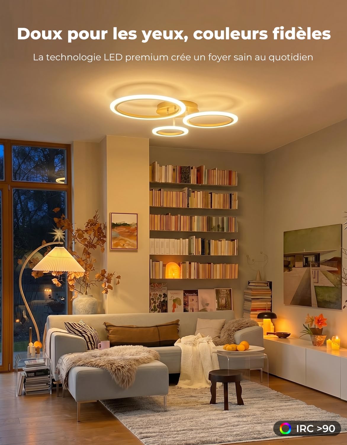 Plafonnier LED Intelligent Dimmable 3 Anneaux, Luminaire Plafond Moderne 19W 1900LM, Contrôle App/Alexa et Télécommande, Éclairage Ultra-Plat pour Chambre, Salon, Or