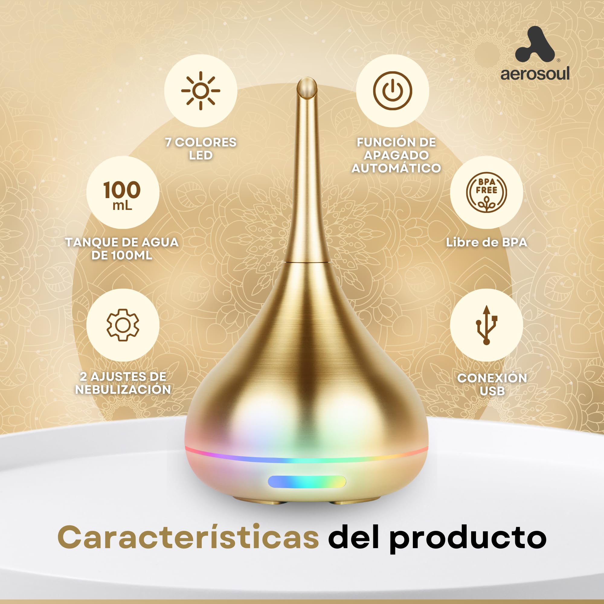 Aerosoul® Difusor de Aromas para Aceites Esenciales 100 ml, Diseño Noble | Diseño Noble, Apagado Automático, 6h de Bruma, Luz LED Difusor de Aromaterapia, Plástico Oro
