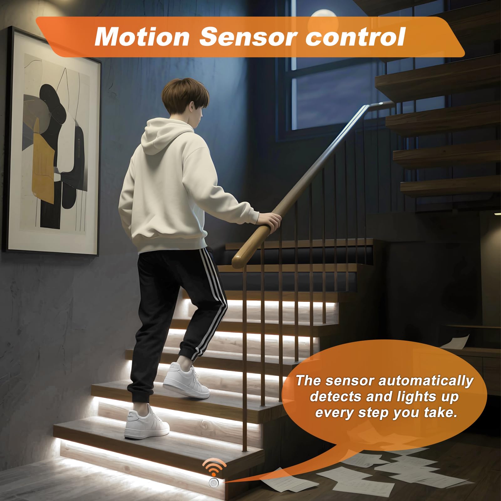 Éclairage intelligent pour escalier intérieur, 16 marches, LED COB 6000K blanc froid, éclairage progressif, système modulaire sécurisé avec télécommande
