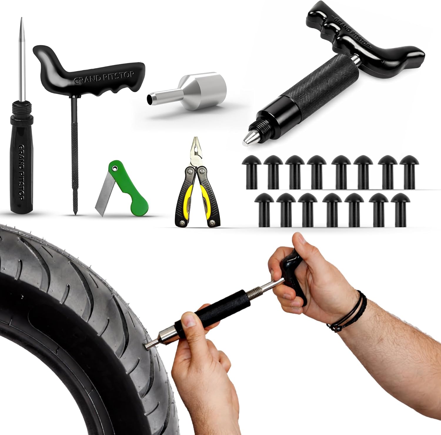 GRAND PITSTOP 22 Pcs Tire Puncture Repair Kit with Multi-Functional Folding Plier Compatible for car Motorcycle, Truck, ARB,ATV, Tractor, RV, SUV, Trailer (15 Mushroom Plugs)