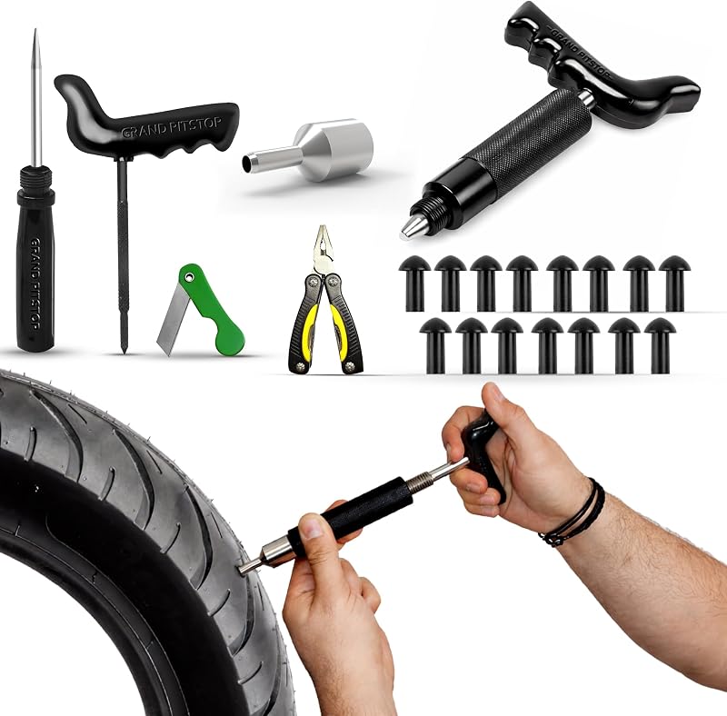 GRAND PITSTOP 22 Pcs Tire Puncture Repair Kit with Multi-Functional Folding Plier Compatible for car Motorcycle, Truck, ARB,ATV, Tractor, RV, SUV, Trailer (15 Mushroom Plugs)