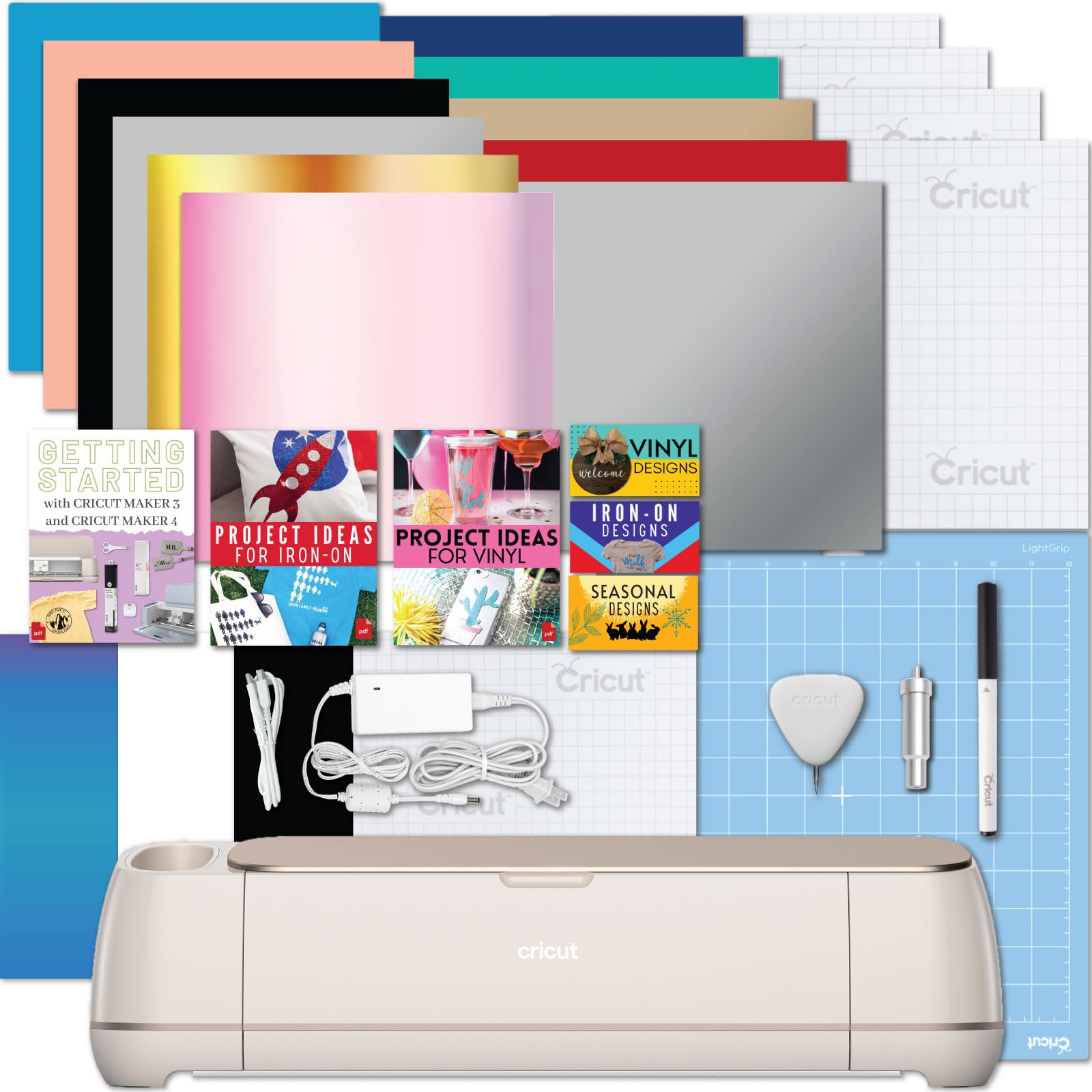 Cricut Maker 4 Machine with Vinyl and Iron-On Bundle - Beginner Friendly Craft Cutting Machine Set with Essential Materials, HTV and Adhesive Vinyl Variety Pack- DIY Decor Projects, Apparel and Decals