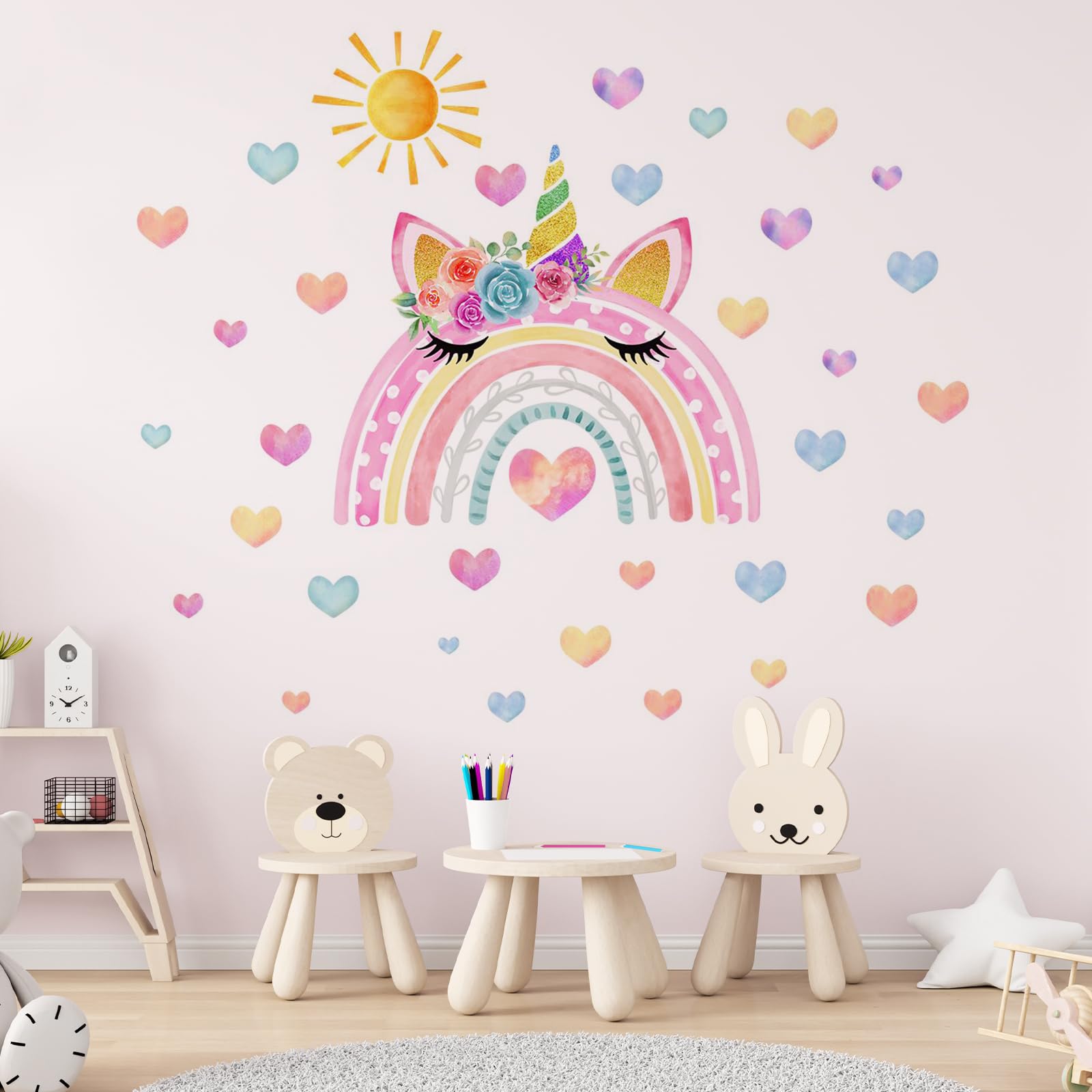 Pegatinas de Pared Infantiles Arcoiris Vinilos Decorativos Nubes Adhesivos Pared Bebé Guardería Niños Dormitorio,Pegatinas de Pared，Fondo de Pantalla Infantil Sol, Arcoiris