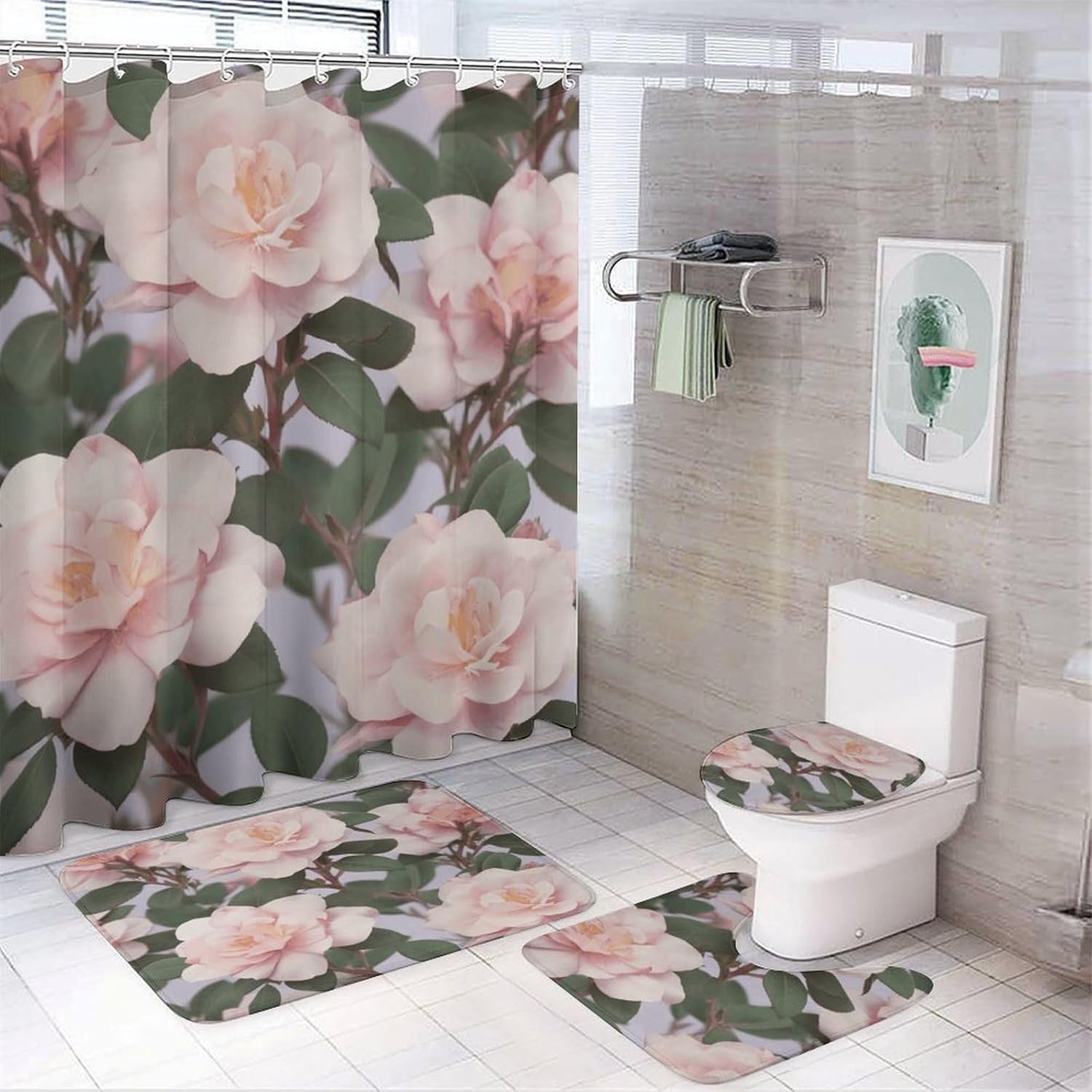 Dusky Rose 4Pcs Shower Curtain Set with Non-Slip Rugs, Toilet Lid Cover and Bath Mat,Bathroom Set Decor Accessories,Curtain Set with 12 Hooks, 72 X 72 Inch