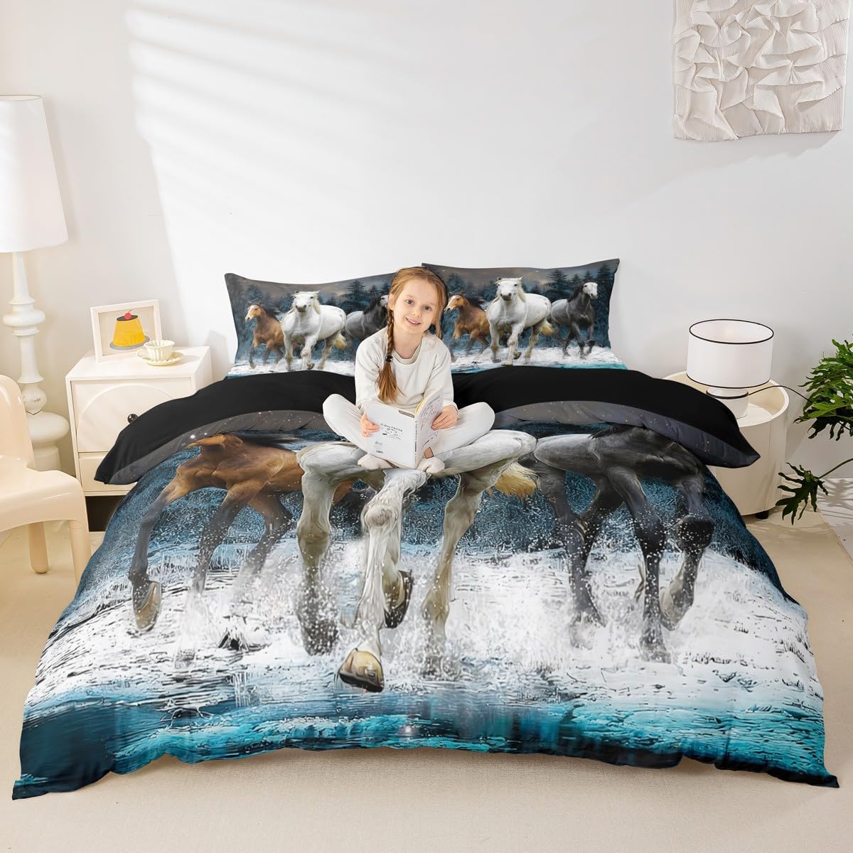 Feelyou Horse Duvet Cover Galloping Horse Bedding Set for Kids Boys Girls Wildlife Comforter Cover Farm Animal Bedspread Cover 1 Duvet Cover with 2 Pillowcases Full Size (No Comforter)