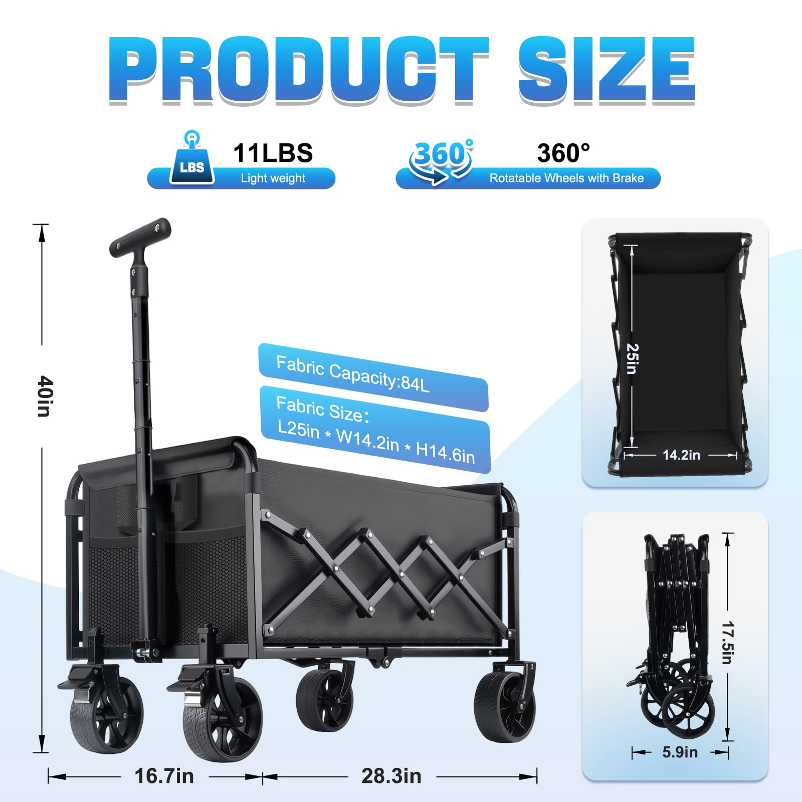 Carrello pieghevole pieghevole con ruote, resistente, 163,3 kg, portatile, pieghevole, con freni girevoli a 360°, ruote e portabicchieri, per campeggio, spiaggia, generi alimentari e giardino
