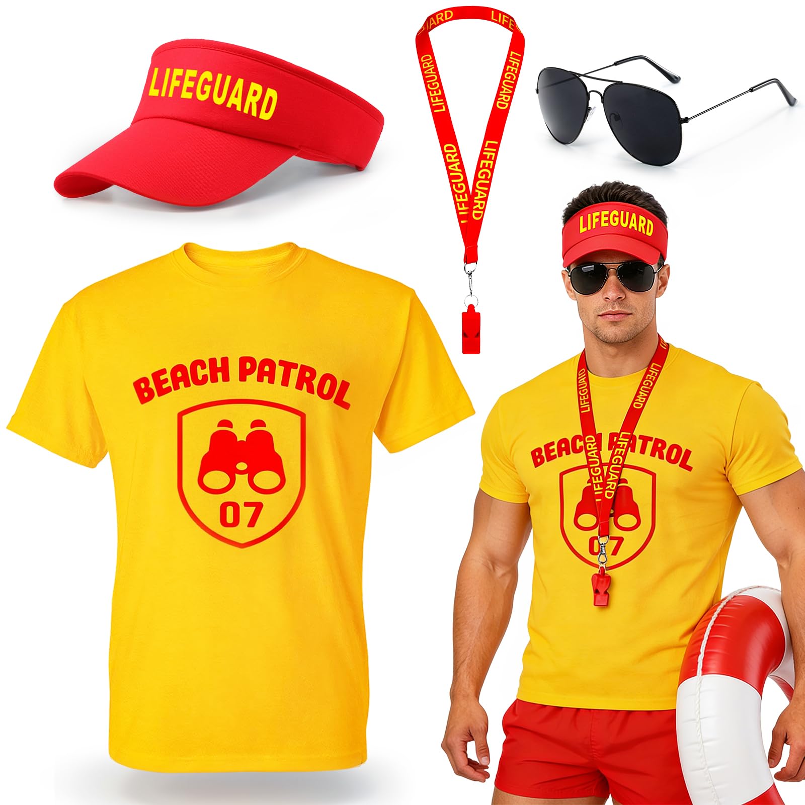 Lrrtdepy Lifeguard Fancy Dress Set, Life Guard Costume with Fanny Pack Whistle Sunglasses Baywatch Outfits for Women Men Beach Pool Party Halloween Cosplay(L)