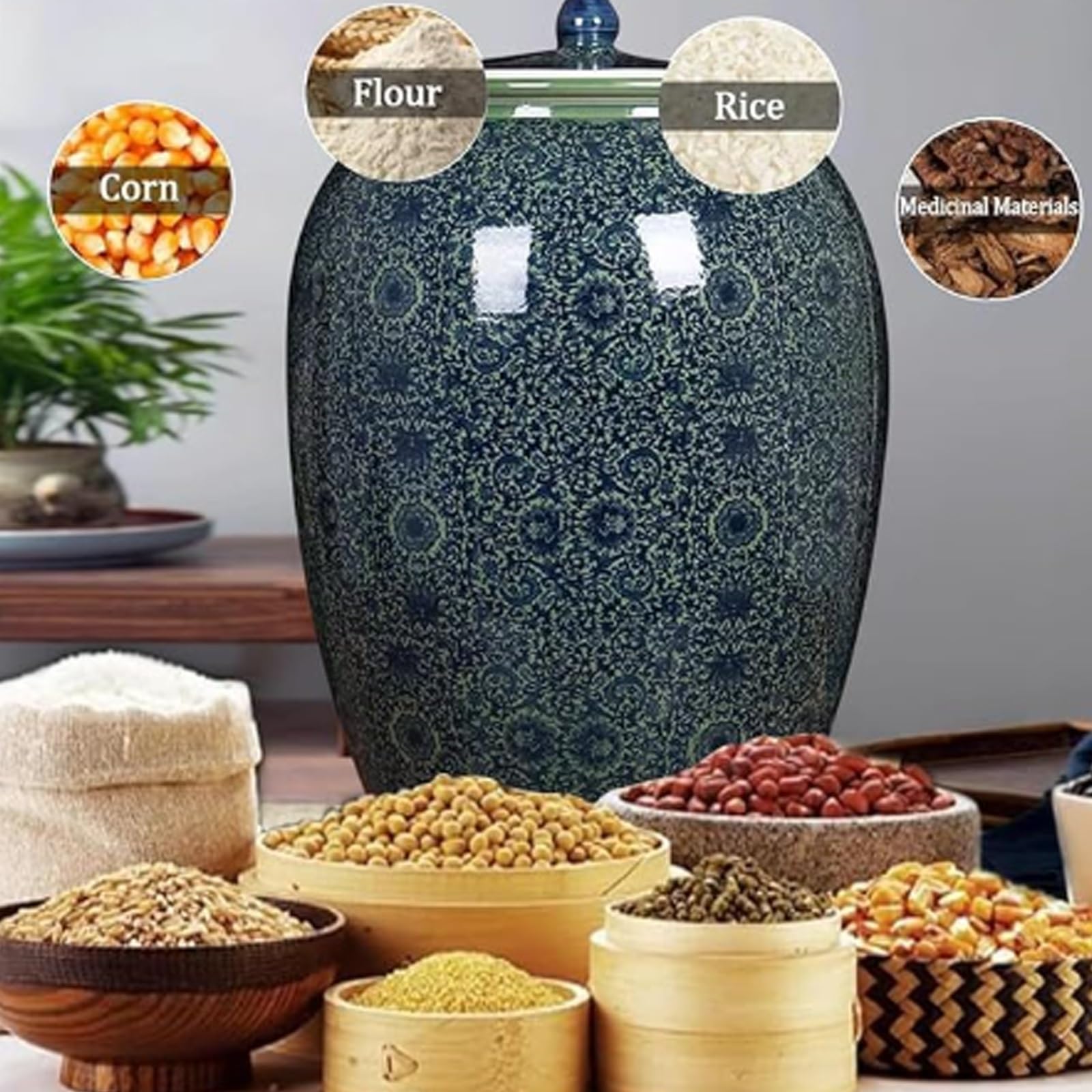 Contenitori in Ceramica per la conservazione di Cereali e Riso Barattoli retrò Cinesi con Coperchio Contenitori per Cereali sigillati per Uso Domestico(10kg)