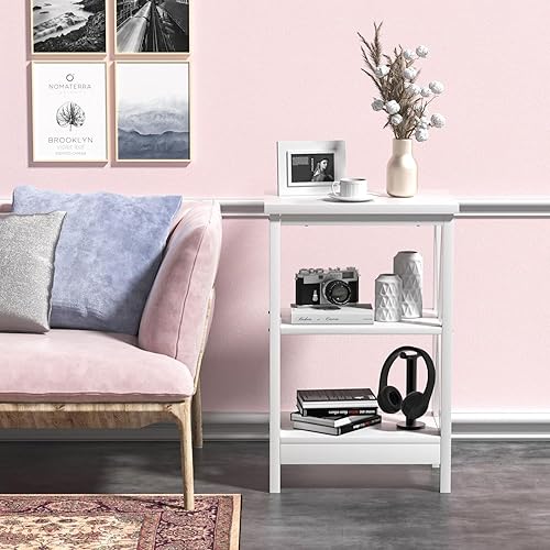 Miniatura 2 de VECELO Mesa auxiliar versátil con estante de almacenamiento, mesitas de noche para sala de estar, muebles de dormitorio, estantes, blanco perla,