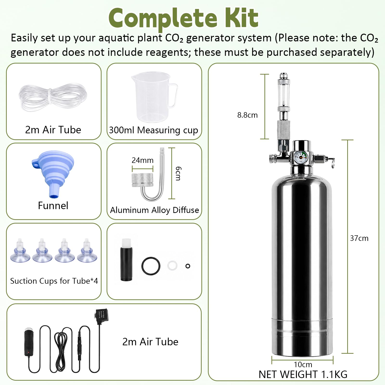 Kit generador de CO2 para acuario de 2 litros con válvula solenoide y