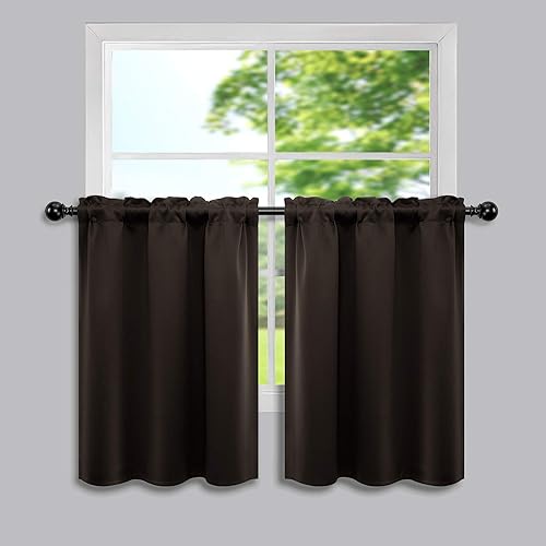 Mrs.Naturall Cortinas Opacas Marrón Oscuro 2 Paneles, Cortinas Cortas Primitivas para Ventana de Cocina Baño Cabaña Rústica