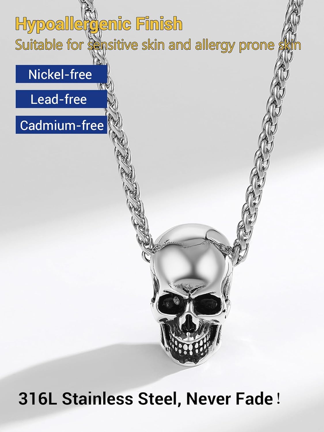 Skull Necklace for Men, Stainless Steel Skeleton Pendant Necklaces, Retro Hip Hop Punk Style, Gothic Halloween Jewelry, Come with Box - Image 5