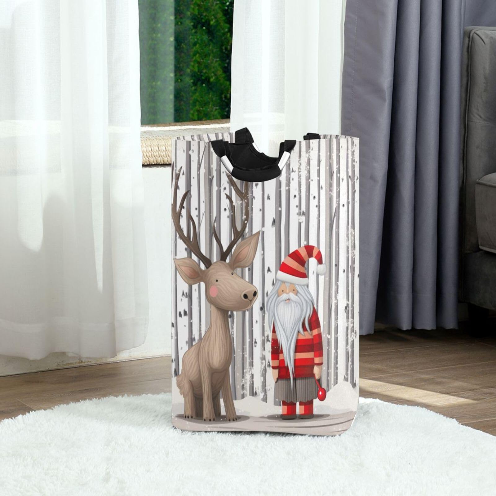 Jihqo Laundry Hamper Basket Christmas Santa Deer Collapsible Nursery Storage Bin Waterproof Clothing Baskets for Home Bedroom Bathroom Washing Room