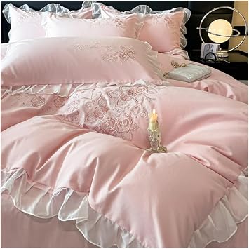 Princess Style Korean Pink Cotton Brushed Lace Ruffles Flowers Embroidery Bedding Set Duvet Cover Set Bed Sheet Pillowcases,Bed