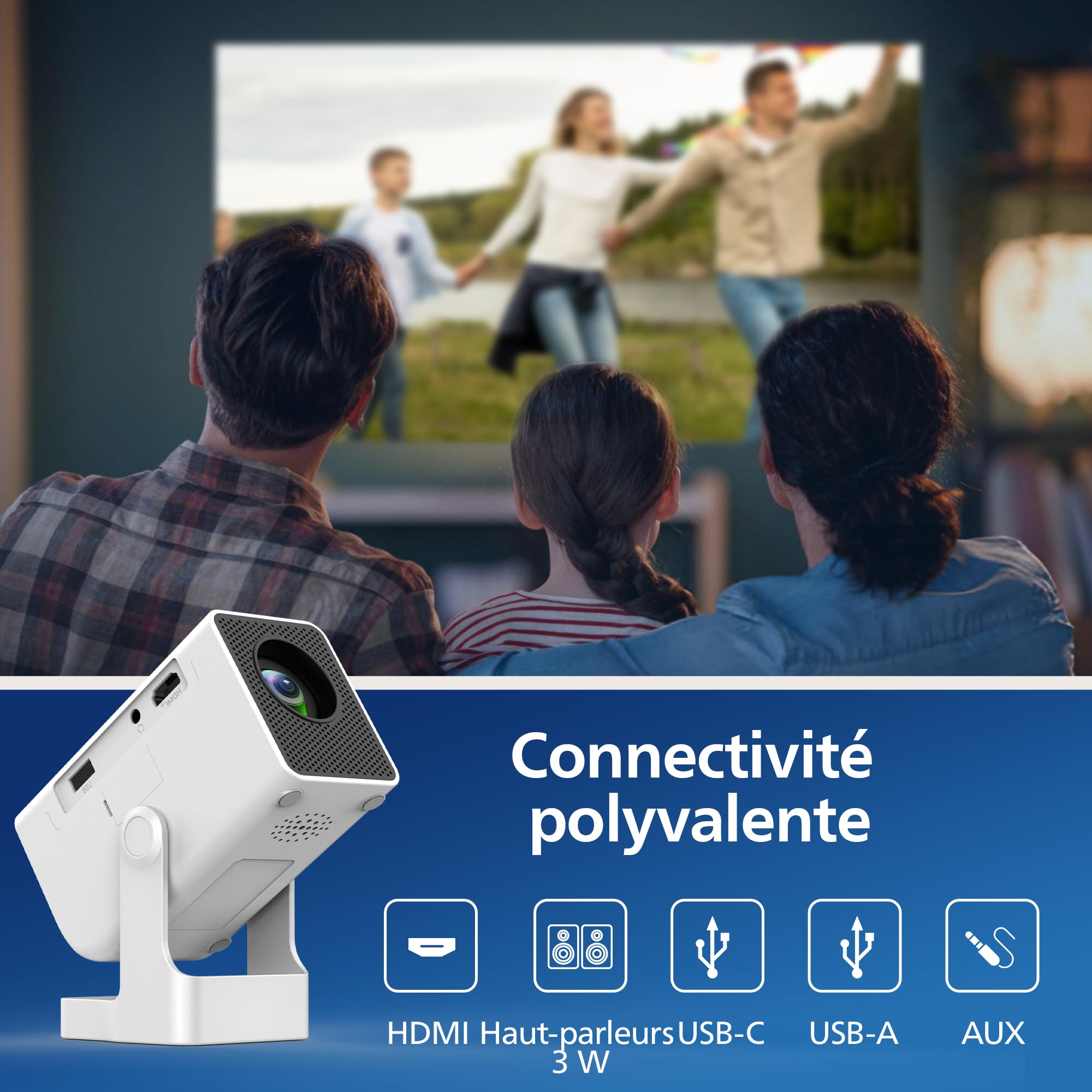 Philips, Neopix 140, Vidéoprojecteur Home cinéma, Résolution 1280x720p, Rotatif à 180 degrés, Mode Miroir, Wi-FI 6, Son Stéréo 2x3 Watts, Blanc