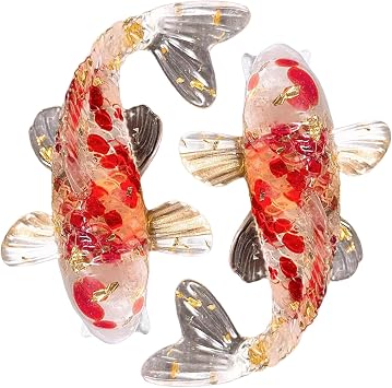 Fish Figurines, 2Pcs Koi Fish Figurines Realistic & Cute Resin Red Koi Decor with Crystal Inside for Luck & Wealth 2.4x1.6x0.8 Small Animal for Shelf, Desktop, Resin