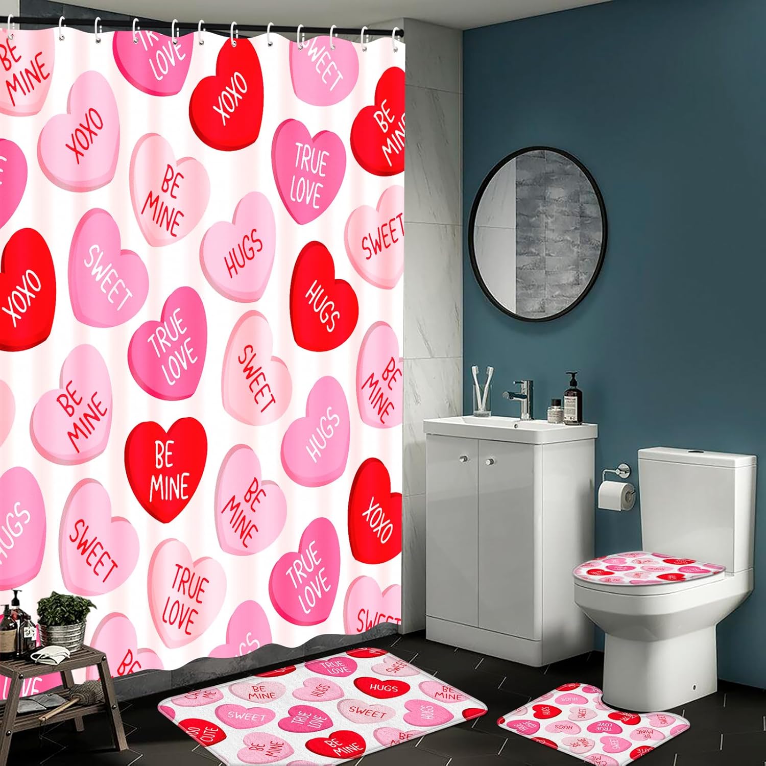 Tieshankao 4Pcs Valentines Shower Curtain Bathroom Set - Pink Red Love Non Slip Rugs Toilet Lid Cover Bath Mat with 12 Hooks - Style 3