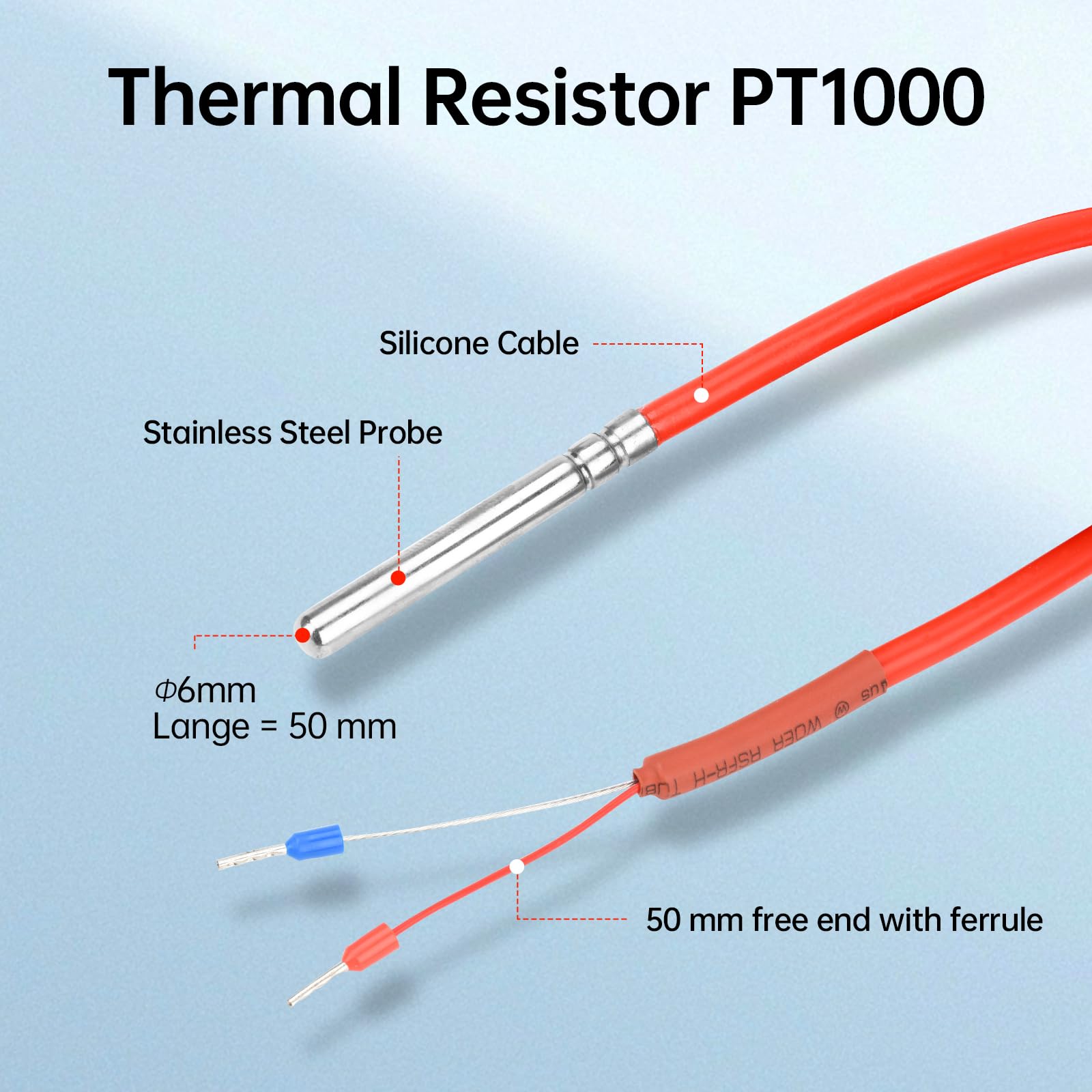 Aideepen PT1000, sensore di temperatura, 5 pezzi, 3 metri, cavo in silicone, digitale, impermeabile, sonda di temperatura con sonda in acciaio inox, intervallo di misurazione della temperatura -50 ℃ ~